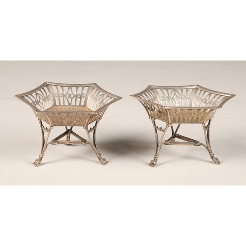 193 - Pair silver Bon Bon Dishes, hexagonal form, raised on three triangular legs, assay marked Birmingham... 