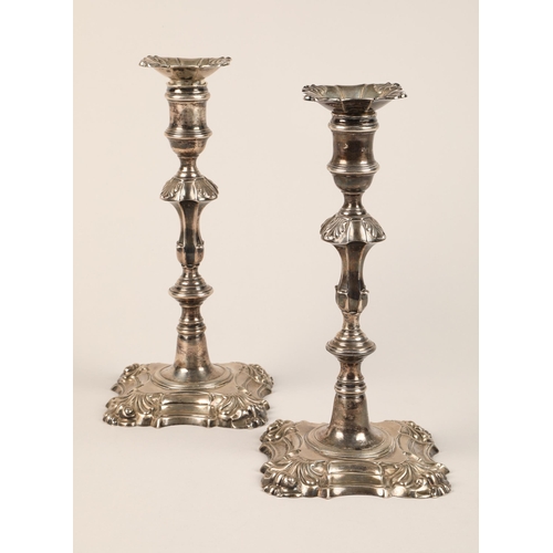 198 - Pair George II silver candlesticks, knopped baluster formed stems, raised on shaped square base, ass... 