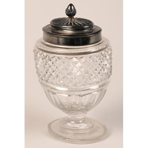 201 - Paul Storr George III silver topped glass sweet meat dish and cover, diamond cut glass on a raised s... 