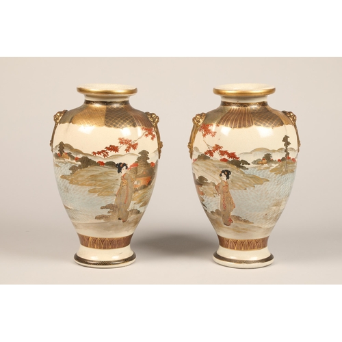 252 - Pair Japanese satsuma pottery vases, baluster form with twin gilt masks, decorated with a continuous... 