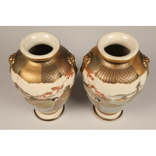 252 - Pair Japanese satsuma pottery vases, baluster form with twin gilt masks, decorated with a continuous... 