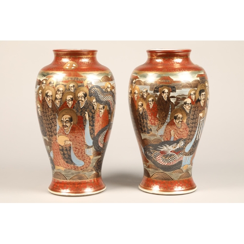 253 - Pair Japanese satsuma pottery vases, baluster form, continuous decoration with Kannon and Rakan, hig... 