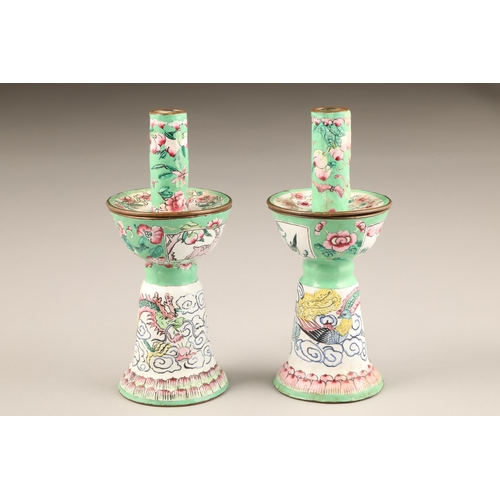 257 - Pair of Chinese canton enamel candlesticks, apple green and white enamelled ground decorated with dr... 