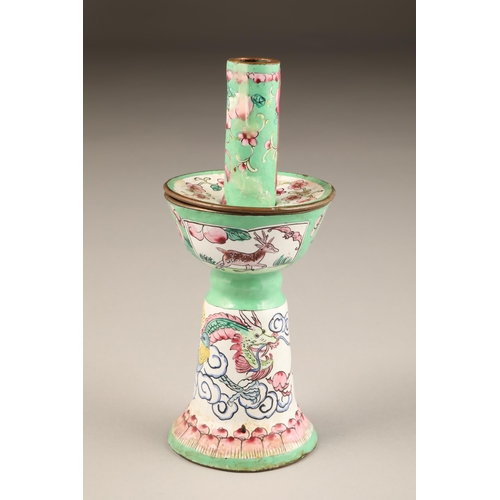 257 - Pair of Chinese canton enamel candlesticks, apple green and white enamelled ground decorated with dr... 