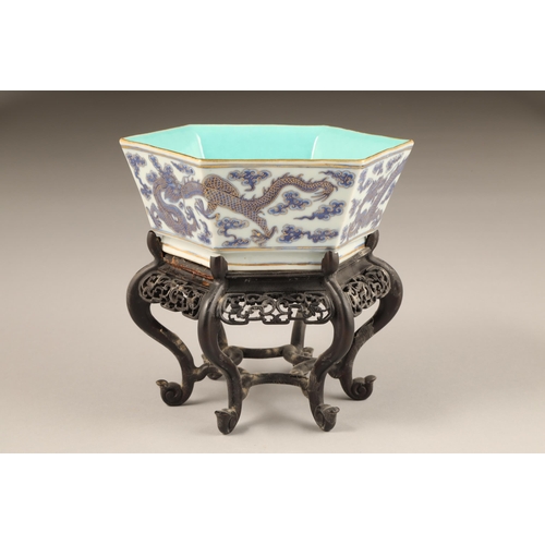 260 - 20th century Chinese hexagonal bowl, turquoise blue interior, exterior decorated with blue dragons o... 