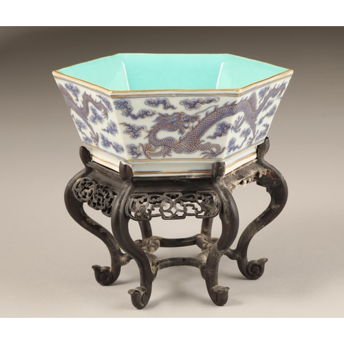 260 - 20th century Chinese hexagonal bowl, turquoise blue interior, exterior decorated with blue dragons o... 