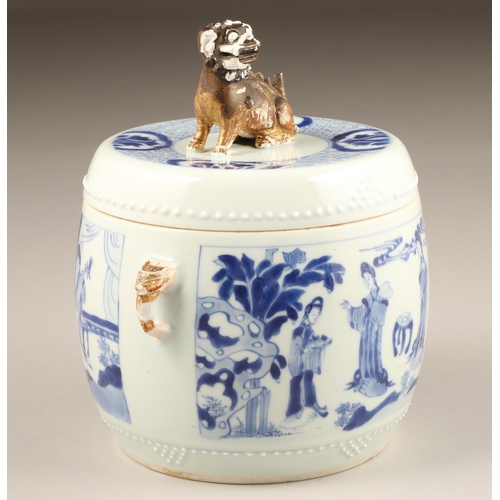 261 - 18th century Kang Hsi Chinese blue and white jar and cover, with twin gilt hoop handles and the cove... 