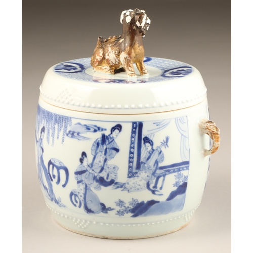 261 - 18th century Kang Hsi Chinese blue and white jar and cover, with twin gilt hoop handles and the cove... 