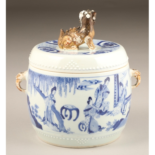 261 - 18th century Kang Hsi Chinese blue and white jar and cover, with twin gilt hoop handles and the cove... 