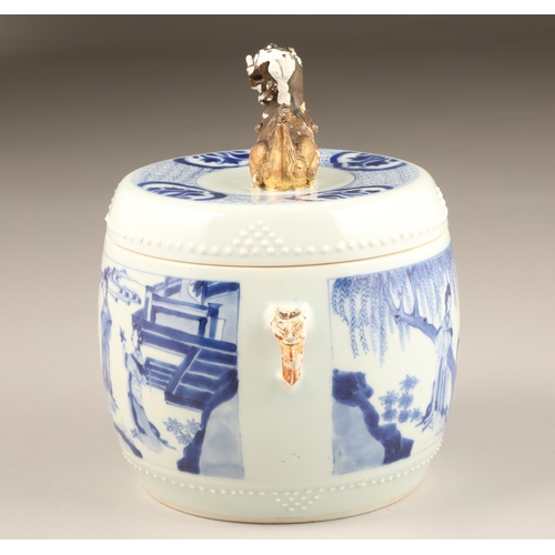 261 - 18th century Kang Hsi Chinese blue and white jar and cover, with twin gilt hoop handles and the cove... 