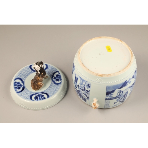 261 - 18th century Kang Hsi Chinese blue and white jar and cover, with twin gilt hoop handles and the cove... 