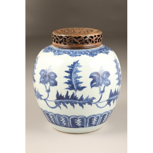 262 - 19th century Chinese blue and white ginger jar, with carved hardwood cover, the jar decorated with a... 