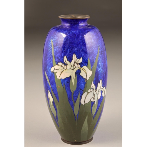 266 - Japanese cloisonne vase, baluster form, blue ground decorated with flowing iris, height 24cm