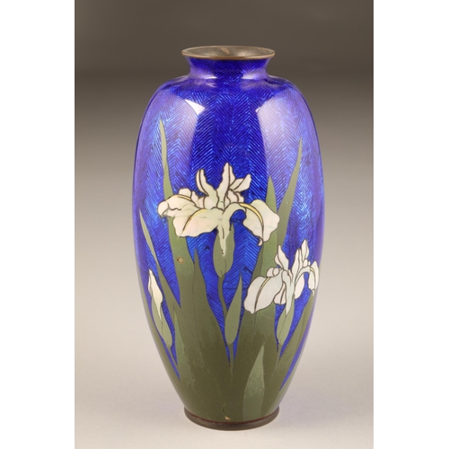 266 - Japanese cloisonne vase, baluster form, blue ground decorated with flowing iris, height 24cm