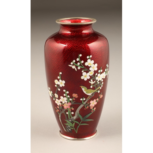 267 - Japanese cloisonne vase, baluster form, ruby red ground decorated with a bird on a flowering tree, h... 