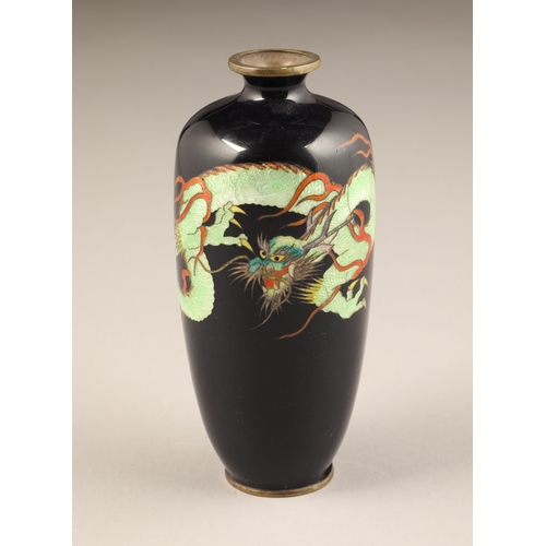 268 - Japanese cloisonne vase, baluster form, black ground, decorated with a green dragon, height 15cm