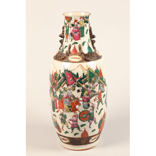 276 - Large Chinese crackle glaze vase, applied dragons and Buddha dogs to neck, vase decorated with fight... 