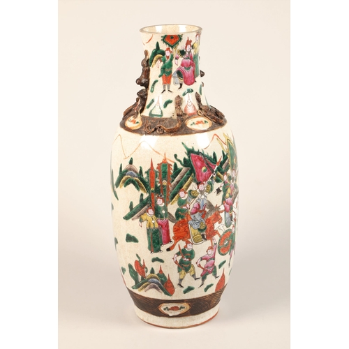 276 - Large Chinese crackle glaze vase, applied dragons and Buddha dogs to neck, vase decorated with fight... 