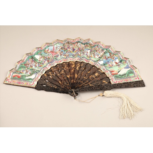 277 - 19th century Chinese folding Mandarin fan with carved tortoiseshell sticks. Fourteen leaves painted ... 