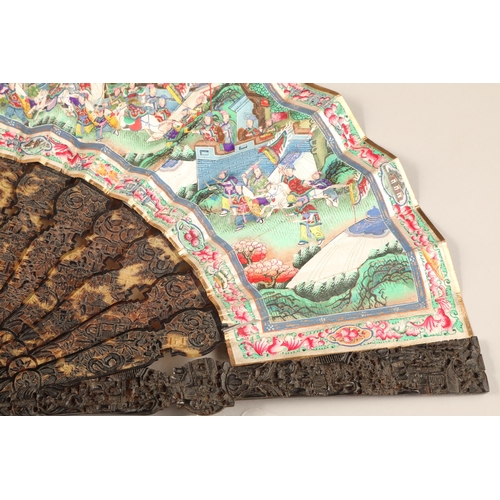 277 - 19th century Chinese folding Mandarin fan with carved tortoiseshell sticks. Fourteen leaves painted ... 