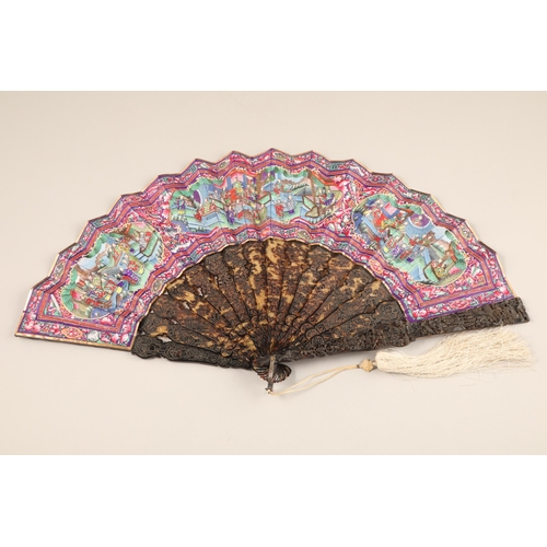 277 - 19th century Chinese folding Mandarin fan with carved tortoiseshell sticks. Fourteen leaves painted ... 