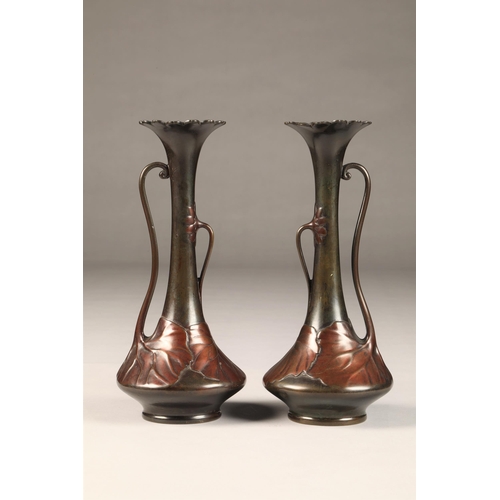 282 - Pair of Japanese bronze spill vases, twin handled in the form of stems which join moulded leaves, wr... 