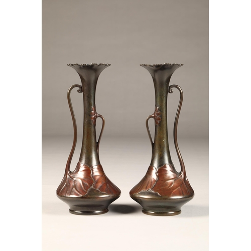 282 - Pair of Japanese bronze spill vases, twin handled in the form of stems which join moulded leaves, wr... 