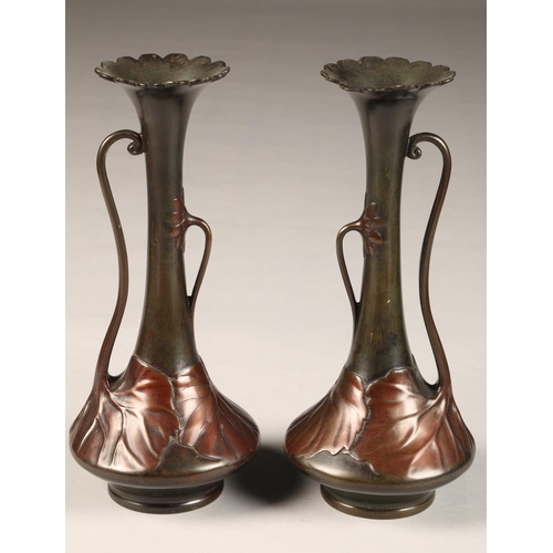 282 - Pair of Japanese bronze spill vases, twin handled in the form of stems which join moulded leaves, wr... 