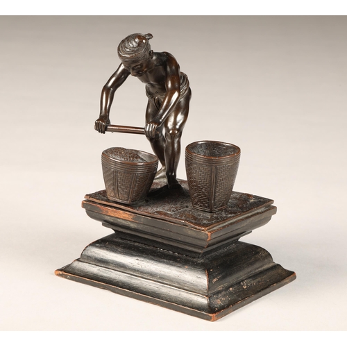 284 - Oriental bronze figure, mounted to a hardwood stand, height 17cm