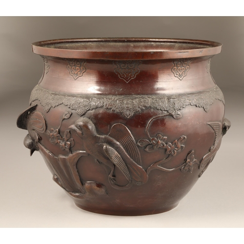 286 - Large 19th century Japanese jardiniere decorated with sparrows in relief, diameter 32cm, height 28cm