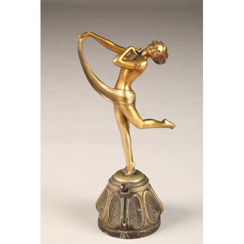 288 - Continental cold painted art deco bronze lady figure table lighter, modelled as a dancing maiden, he... 