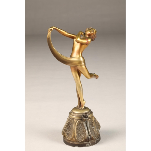 288 - Continental cold painted art deco bronze lady figure table lighter, modelled as a dancing maiden, he... 