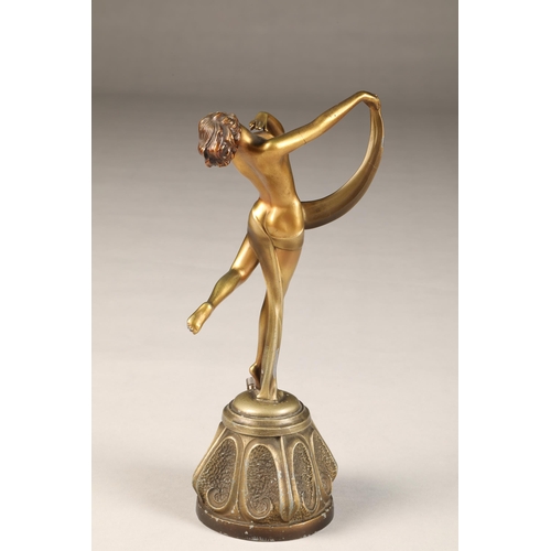 288 - Continental cold painted art deco bronze lady figure table lighter, modelled as a dancing maiden, he... 