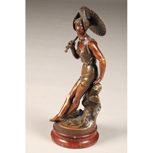 290 - Bronze lady figure, holding a parasol, titled 'Sur La Plage' signed Baillien, height 28cm