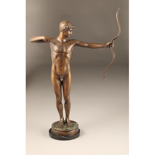 292 - 1920's Bronze figure of an archer, unsigned, mounted to a black marble base, height 61cm