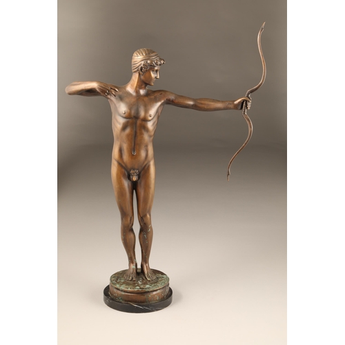 292 - 1920's Bronze figure of an archer, unsigned, mounted to a black marble base, height 61cm