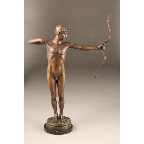 292 - 1920's Bronze figure of an archer, unsigned, mounted to a black marble base, height 61cm