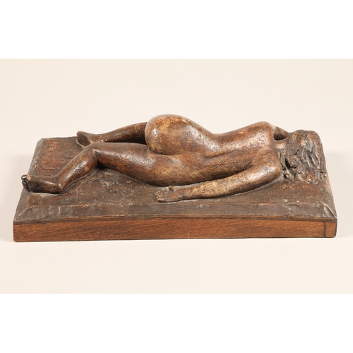 300 - David T Miller F.R.B.S. (Scottish 1931-2002) 'Reclining Figure' Plaster 23cm x 46cm S.S.A. Label ver... 