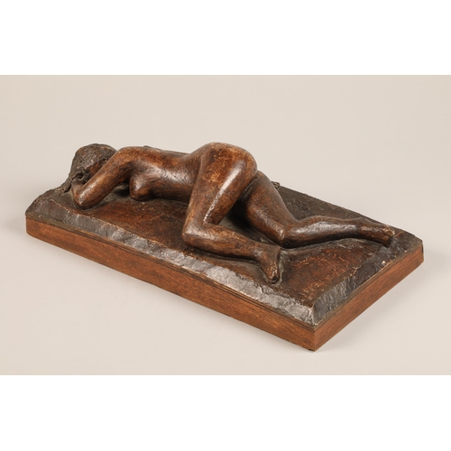 300 - David T Miller F.R.B.S. (Scottish 1931-2002) 'Reclining Figure' Plaster 23cm x 46cm S.S.A. Label ver... 