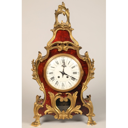 301 - 19th century French three piece tortoiseshell and ormolu mounted clock garniture, white enamel dial,... 