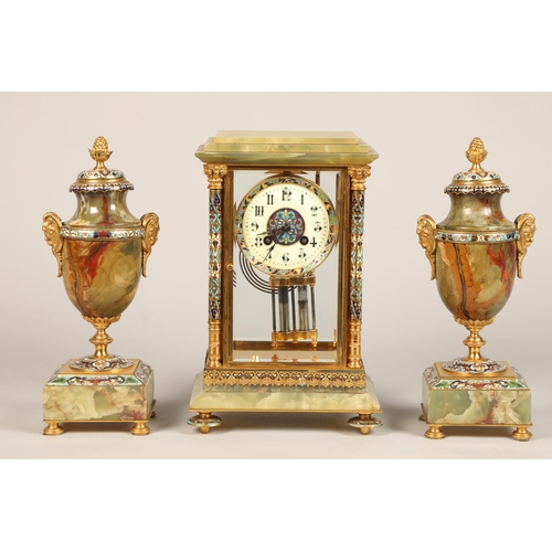 302 - 19th century French four glass three piece clock garniture, green onyx and champleve enamel with flo... 