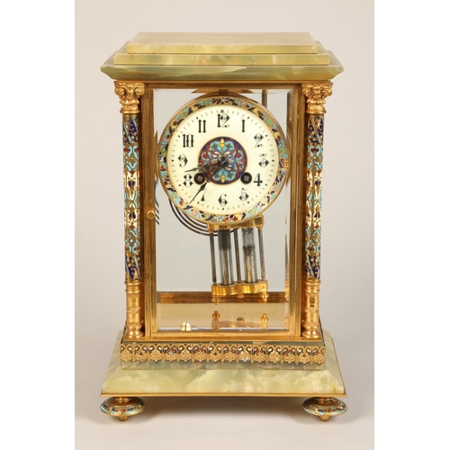 302 - 19th century French four glass three piece clock garniture, green onyx and champleve enamel with flo... 