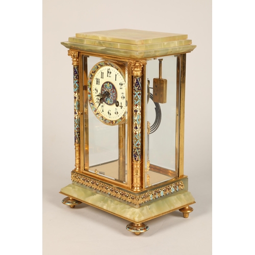 302 - 19th century French four glass three piece clock garniture, green onyx and champleve enamel with flo... 