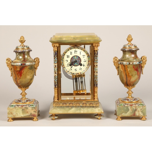 302 - 19th century French four glass three piece clock garniture, green onyx and champleve enamel with flo... 