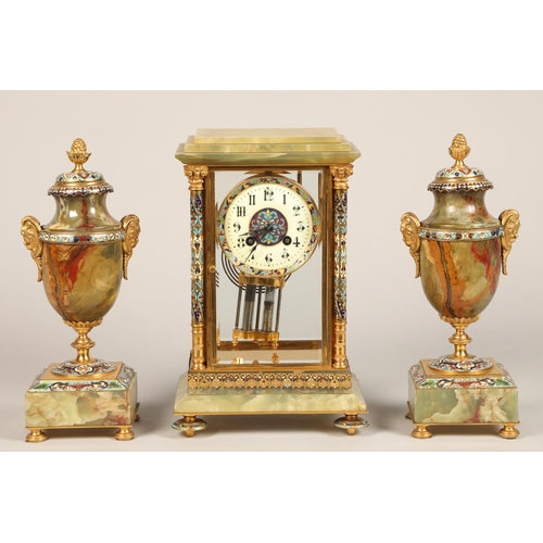 302 - 19th century French four glass three piece clock garniture, green onyx and champleve enamel with flo... 