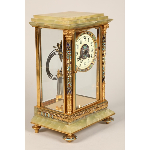 302 - 19th century French four glass three piece clock garniture, green onyx and champleve enamel with flo... 