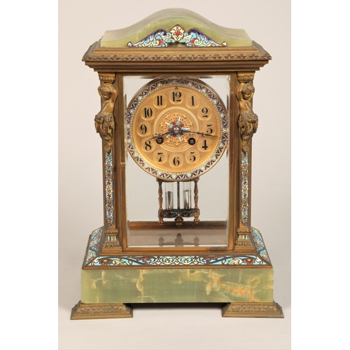 303 - 19th century French four glass mantle clock, green onyx and champleve enamel with floral decoration ... 