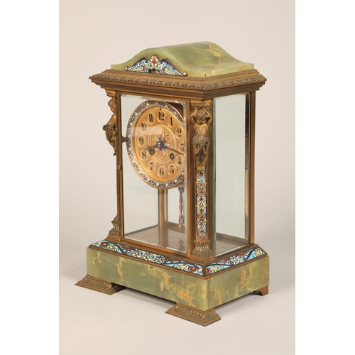 303 - 19th century French four glass mantle clock, green onyx and champleve enamel with floral decoration ... 