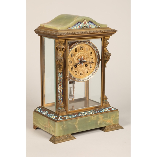 303 - 19th century French four glass mantle clock, green onyx and champleve enamel with floral decoration ... 