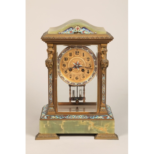 303 - 19th century French four glass mantle clock, green onyx and champleve enamel with floral decoration ... 